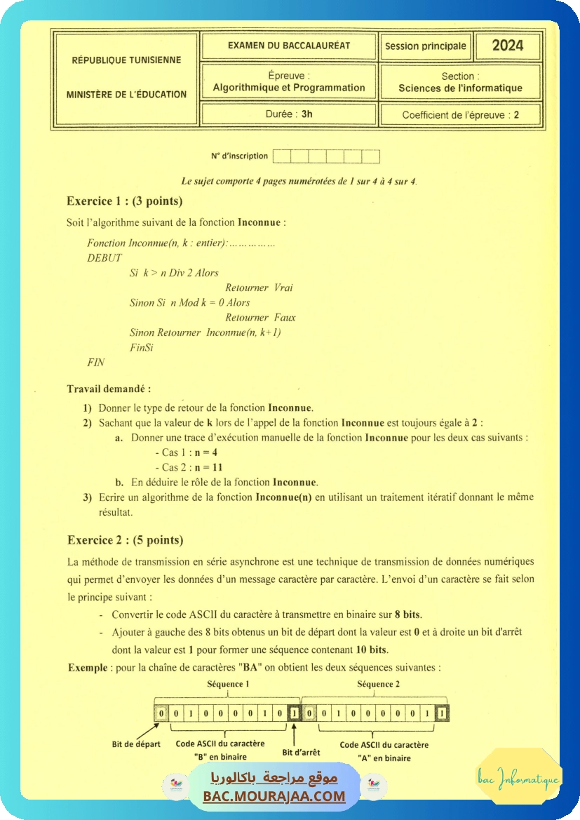 Sujet principale algorithme Bac 2024 – Section info